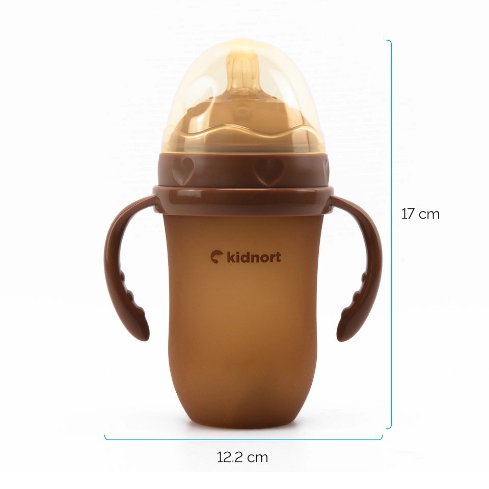 Kidnort Biberon anti-colici pentru bebelusi de la 6 luni Eple nivelul de debit 5 cu pai moale din silicon si biluta gravitationala incorporata maner ergonomic detasabil capacitate 250 ml Brown