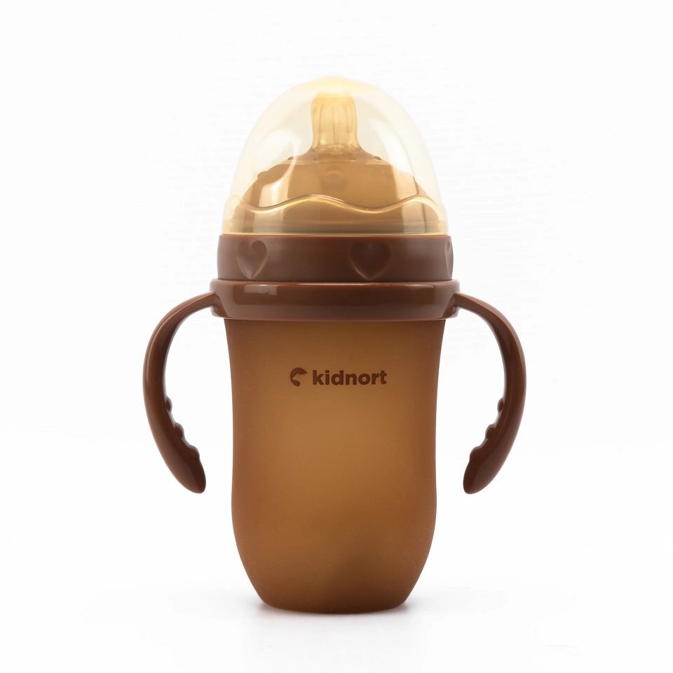 Kidnort Biberon anti-colici pentru bebelusi de la 6 luni Eple nivelul de debit 5 cu pai moale din silicon si biluta gravitationala incorporata maner ergonomic detasabil capacitate 250 ml Brown
