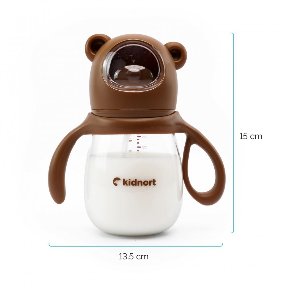 Kidnort Biberon cu tetina anti-colici debit variabil Jordbaer Brown 240ml de la 6 luni echipat cu Pai cu bila gravitationala si maner ergonomic detasabil