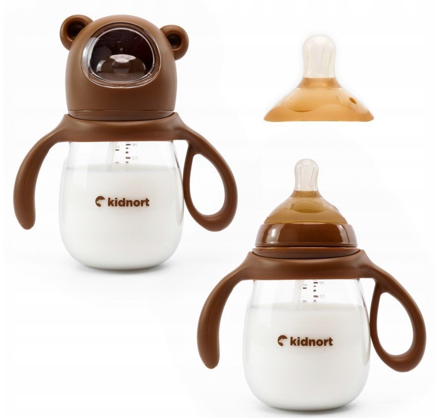 Kidnort Biberon cu tetina anti-colici debit variabil Jordbaer Brown 240ml de la 6 luni echipat cu Pai cu bila gravitationala si maner ergonomic detasabil
