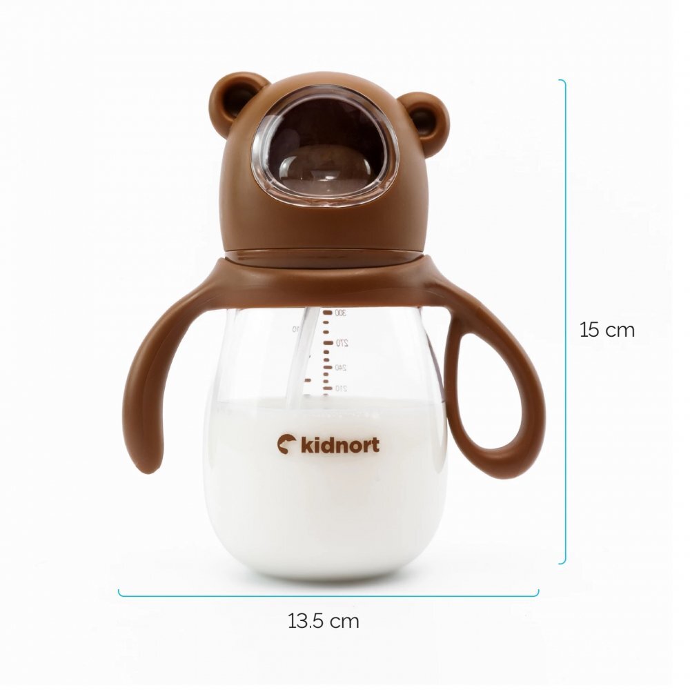 Kidnort Biberon cu tetina anti-colici debit variabil Jordbaer Brown 300 ml de la 6 luni echipat cu Pai cu bila gravitationala si maner ergonomic detasabil