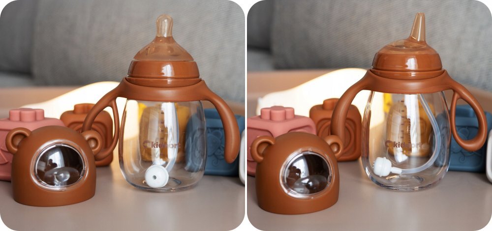 Kidnort Biberon cu tetina anti-colici debit variabil Jordbaer Brown 300 ml de la 6 luni echipat cu Pai cu bila gravitationala si maner ergonomic detasabil