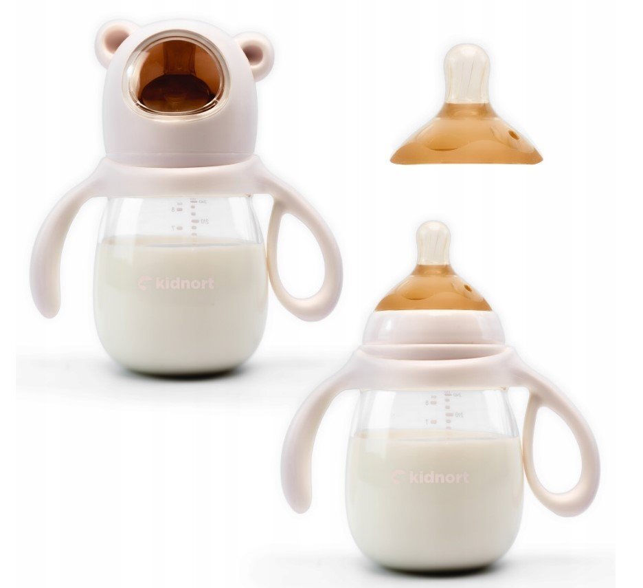 Kidnort Biberon cu tetina anti-colici debit variabil Jordbaer Pink 240ml de la 6 luni echipat cu Pai cu bila gravitationala si maner ergonomic detasabil