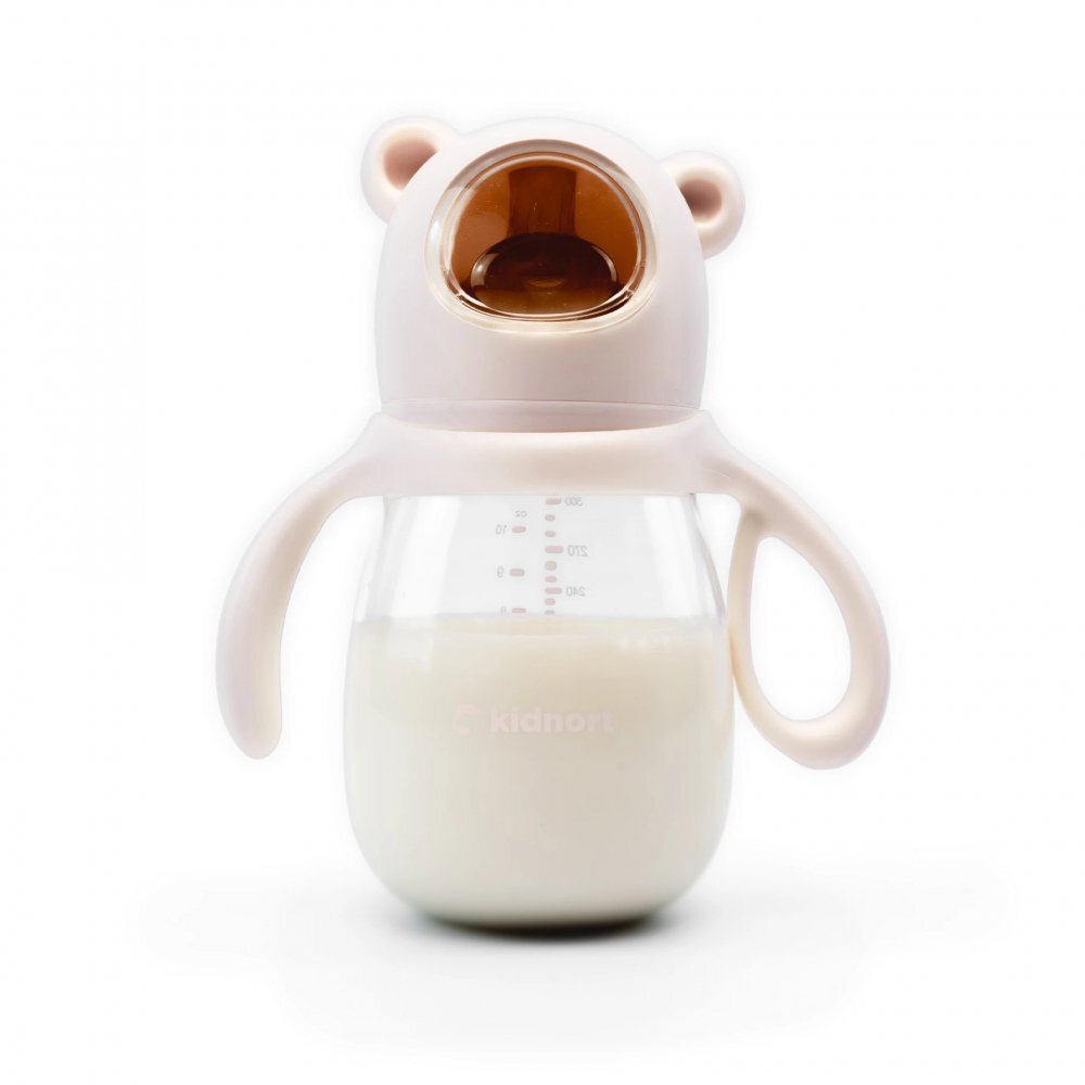 Kidnort Biberon cu tetina anti-colici debit variabil Jordbaer Pink 300 ml de la 6 luni echipat cu Pai cu bila gravitationala si maner ergonomic detasabil