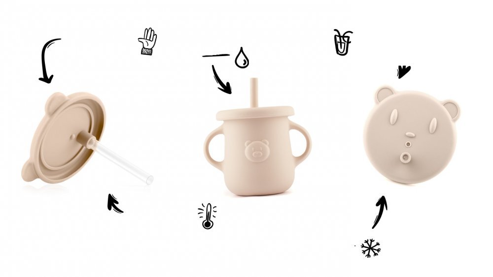 Kidnort Cana din silicon pentru copii cu manere laterale pai flexibil si capac anti-scurgere 200 ml Retter Mjolk Bej