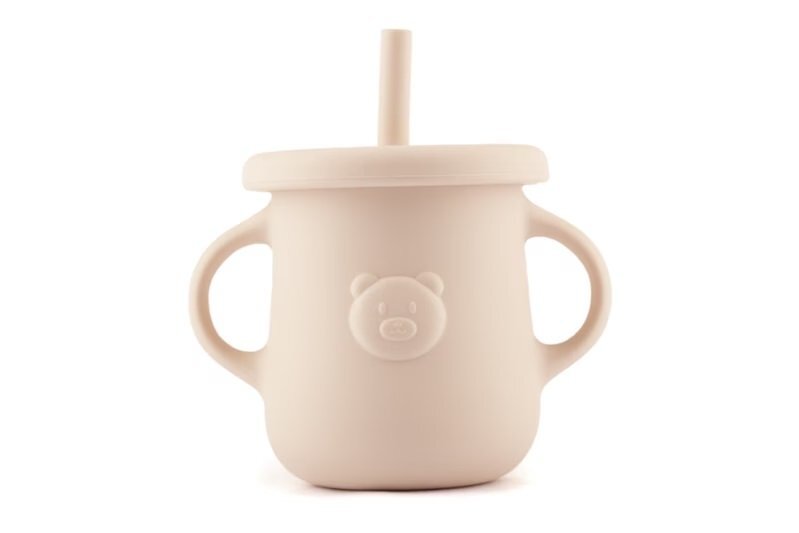 Kidnort Cana din silicon pentru copii cu manere laterale pai flexibil si capac anti-scurgere 200 ml Retter Mjolk Bej