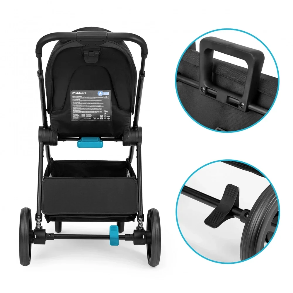 Kidnort Carucior 2 in 1 pentru copii Alskar black cu Landou pliabil capotina extensibila spatar reglabil si suport de picioare ajustabil 0 Luni+ 22kg