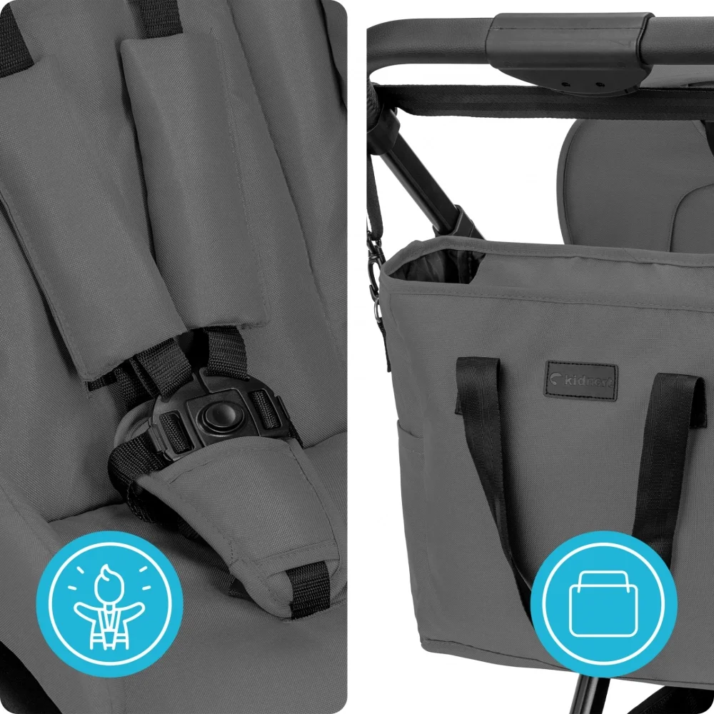 Kidnort Carucior 2 in 1 pentru copii Alskar dark gray cu Landou pliabil capotina extensibila spatar reglabil si suport de picioare ajustabil 0 Luni+ 22kg