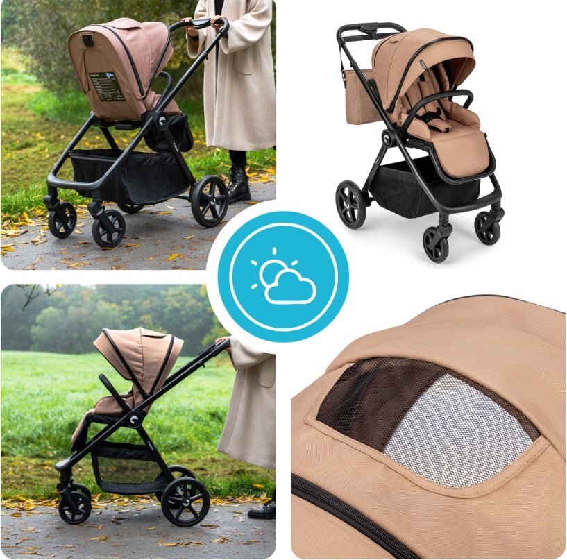 Kidnort Carucior pentru copii Alskar beige 6-48 luni pana la 22 kg bara de protectie detasabila capotina extensibila spatar si suport pentru picioare reglabile cu geanta si accesorii incluse