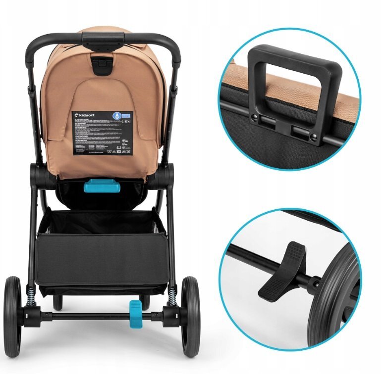 Kidnort Carucior pentru copii Alskar beige 6-48 luni pana la 22 kg bara de protectie detasabila capotina extensibila spatar si suport pentru picioare reglabile cu geanta si accesorii incluse