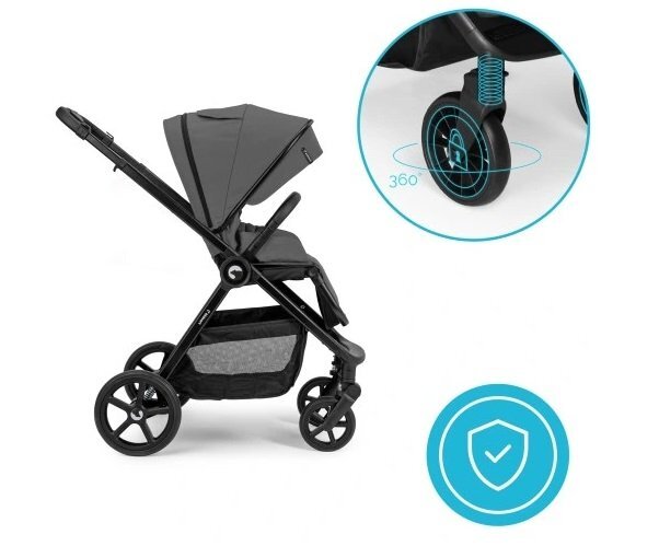 Kidnort Carucior pentru copii Alskar dark gray 6-48 luni pana la 22 kg bara de protectie detasabila capotina extensibila spatar si suport pentru picioare reglabile cu geanta si accesorii incluse