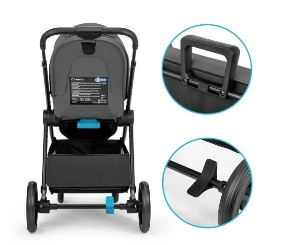 Kidnort Carucior pentru copii Alskar dark gray 6-48 luni pana la 22 kg bara de protectie detasabila capotina extensibila spatar si suport pentru picioare reglabile cu geanta si accesorii incluse