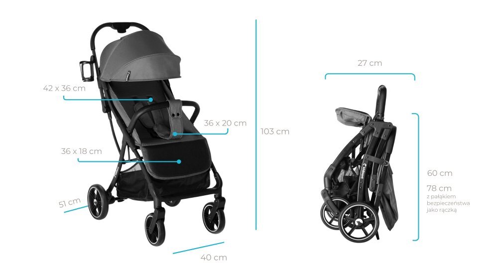 Kidnort Carucior pentru copii Fjallrav Black cu pliere compacta suspensie integrala spatar si viziera reglabile pana la 22 kg accesorii incluse suport pentru pahar husa transport