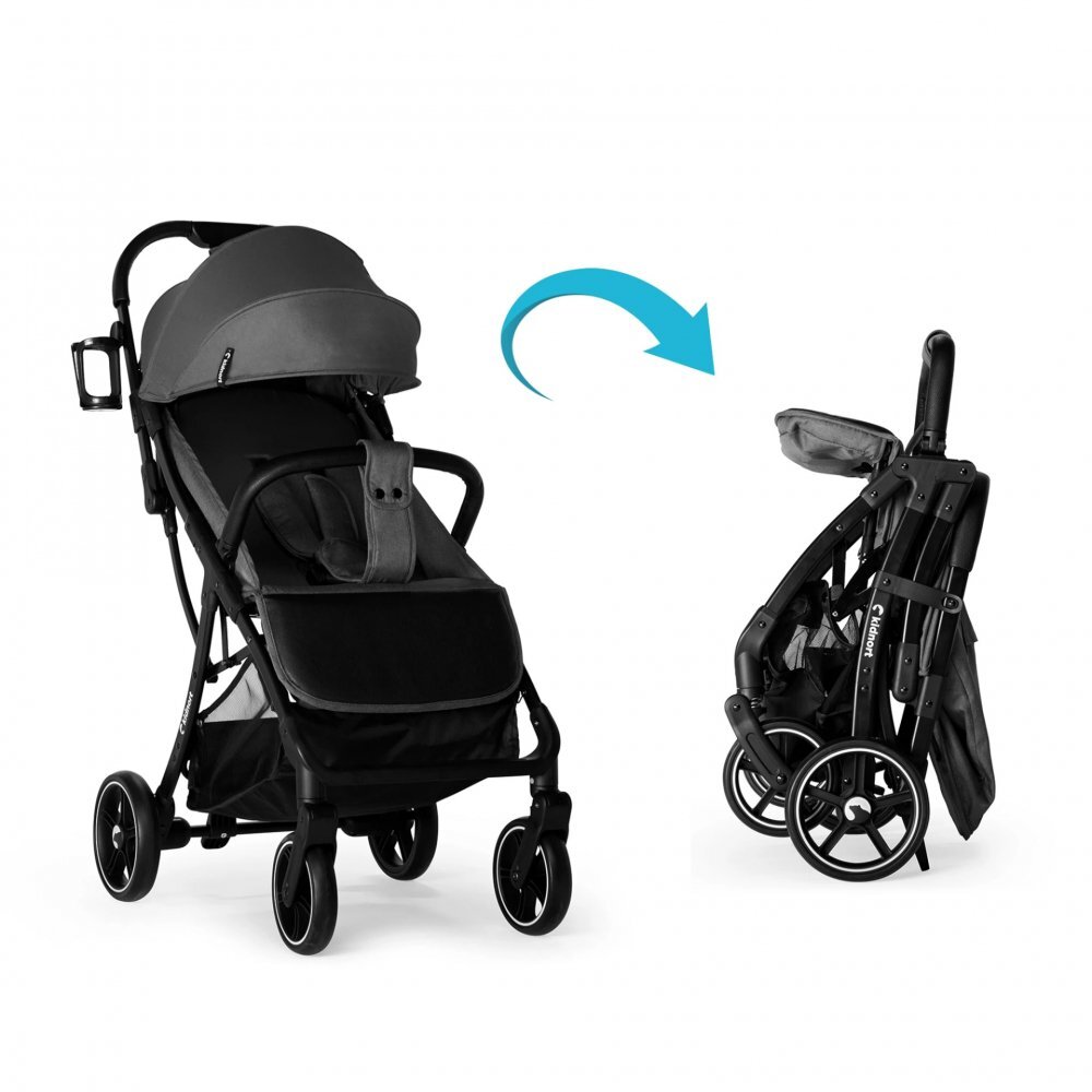 Kidnort Carucior pentru copii Fjallrav Black cu pliere compacta suspensie integrala spatar si viziera reglabile pana la 22 kg accesorii incluse suport pentru pahar husa transport