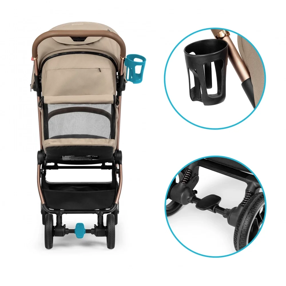Kidnort Carucior pentru copii Sjooter Beige pliabil compact spatar reglabil copertina pliabila si impermeabila UV50+ compatibil avion roti cu suspensie accesorii incluse pana la 22 kg