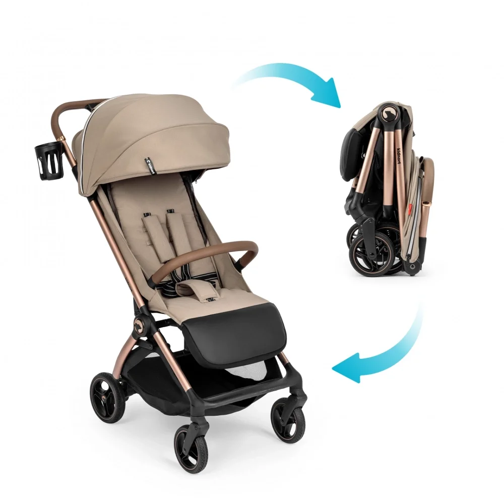 Kidnort Carucior pentru copii Sjooter Beige pliabil compact spatar reglabil copertina pliabila si impermeabila UV50+ compatibil avion roti cu suspensie accesorii incluse pana la 22 kg
