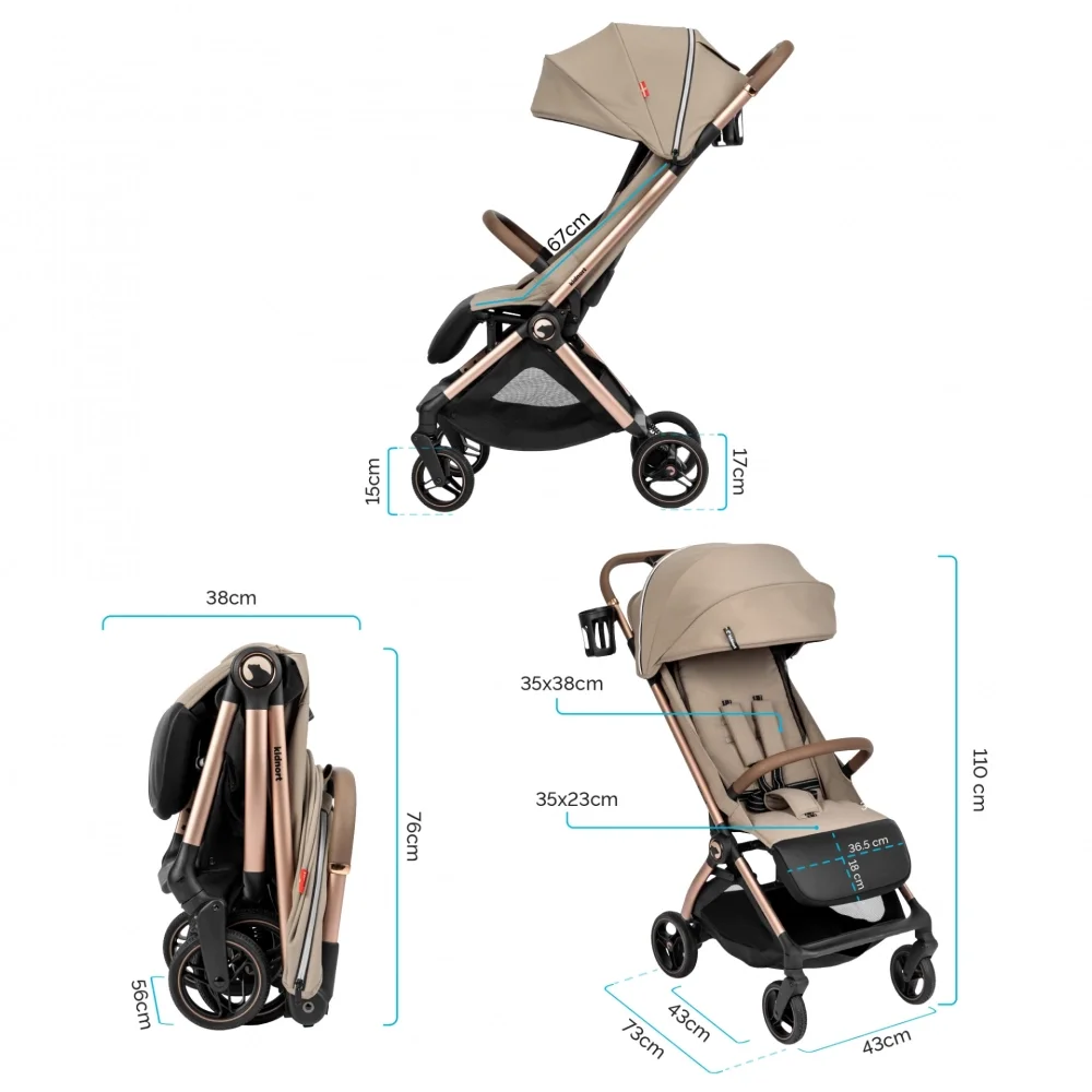 Kidnort Carucior pentru copii Sjooter Beige pliabil compact spatar reglabil copertina pliabila si impermeabila UV50+ compatibil avion roti cu suspensie accesorii incluse pana la 22 kg