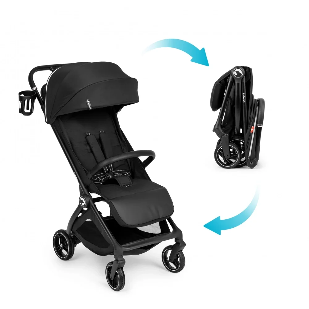 Kidnort Carucior pentru copii Sjooter Black pliabil compact spatar reglabil copertina pliabila si impermeabila UV50+ compatibil avion roti cu suspensie accesorii incluse pana la 22 kg