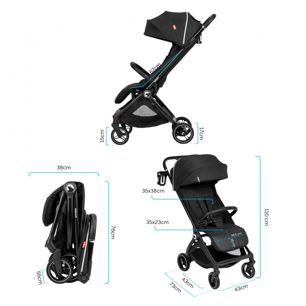 Kidnort Carucior pentru copii Sjooter Black pliabil compact spatar reglabil copertina pliabila si impermeabila UV50+ compatibil avion roti cu suspensie accesorii incluse pana la 22 kg