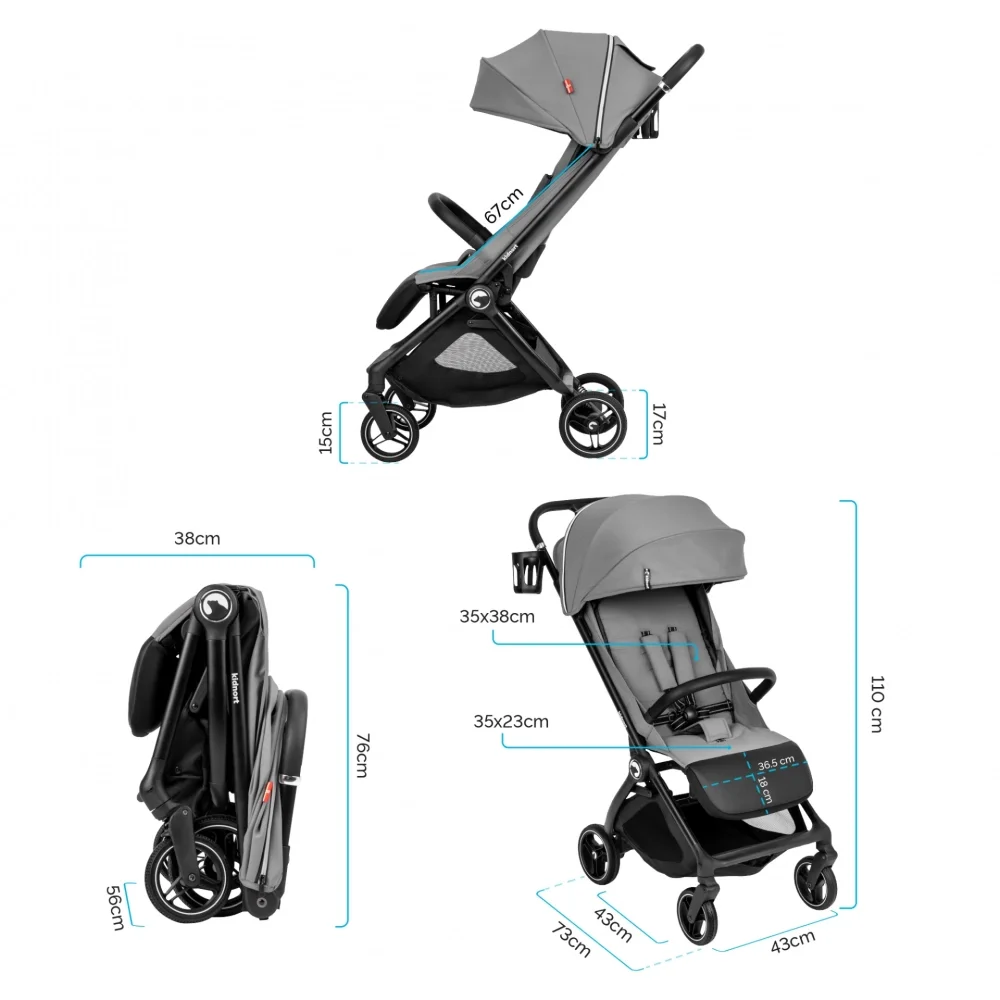 Kidnort Carucior pentru copii Sjooter Grey pliabil compact spatar reglabil copertina pliabila si impermeabila UV50+ compatibil avion roti cu suspensie accesorii incluse pana la 22 kg