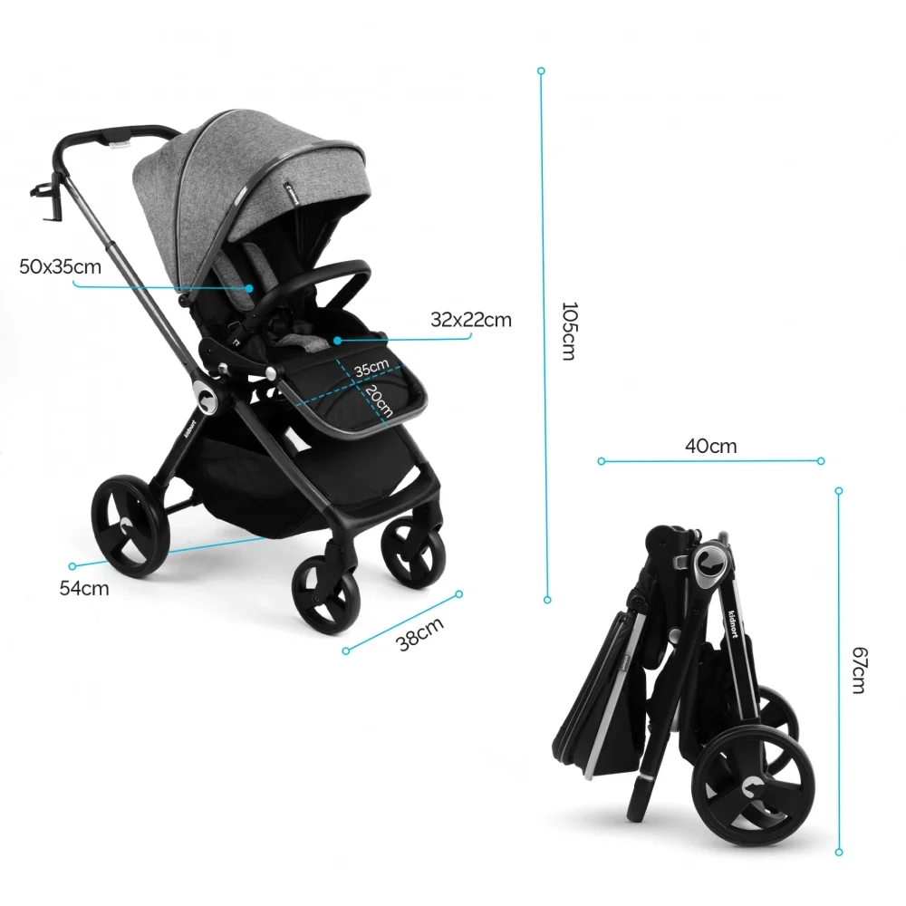 Kidnort Carucior reversibil 2 in 1 pentru copii Isbjorn Black pliere compacta spatar si viziera reglabile roti cu suspensii pana la 22 kg Landou inclus