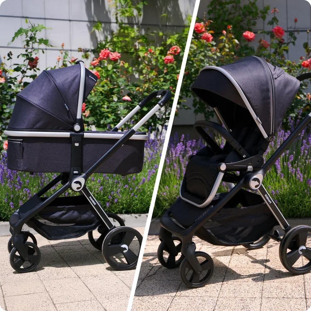 Kidnort Carucior reversibil 2 in 1 pentru copii Isbjorn Black pliere compacta spatar si viziera reglabile roti cu suspensii pana la 22 kg Landou inclus