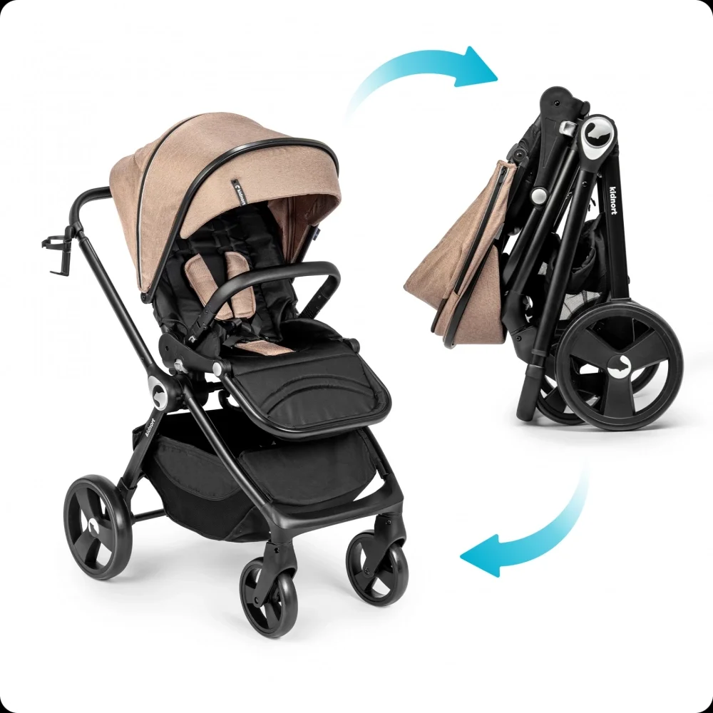 Kidnort Carucior reversibil pentru copii cu pliere compacta spatar si viziera reglabile Isbjorn Mocha Mousse pana la 22 kg roti cu suspensii accesorii incluse suport pentru pahar