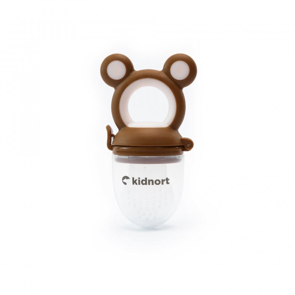 Kidnort Dispozitiv de hranire si jucarie de dentitie 2 in 1 Tannleke portabil sterilizabil fabricat din silicon medical + PU recomandat de la 4 luni Brown