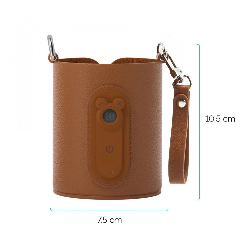 Kidnort Incalzitor portabil pentru biberoane Varm Brown diametru 8 cm cu reglare velcro ecran digital putere 5V 2A cablu usb-c inclus interval temperatura 40-65c pentru biberoane lapte apa