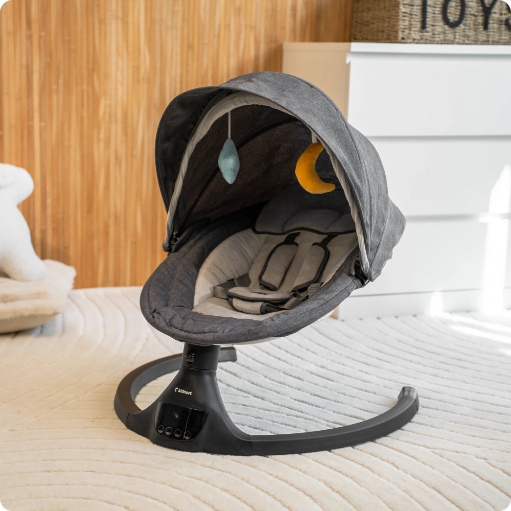 Kidnort Leagan electric cu 5 moduri de balansare pentru copii Svaie Midnight Grey portabil cu telecomanda muzica conectare bluetoothusb accesorii incluse dimensiune 66 x 65 x 53.5 cm