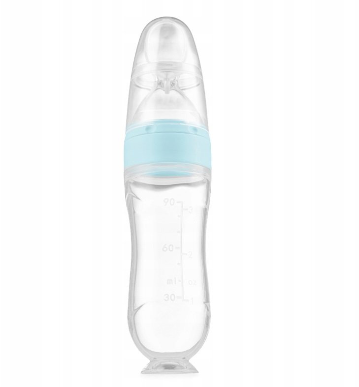 Kidnort Lingurita pentru copii din silicon cu rezervor gradat 90 ml si ventuza de prindere Retter Moln Blue