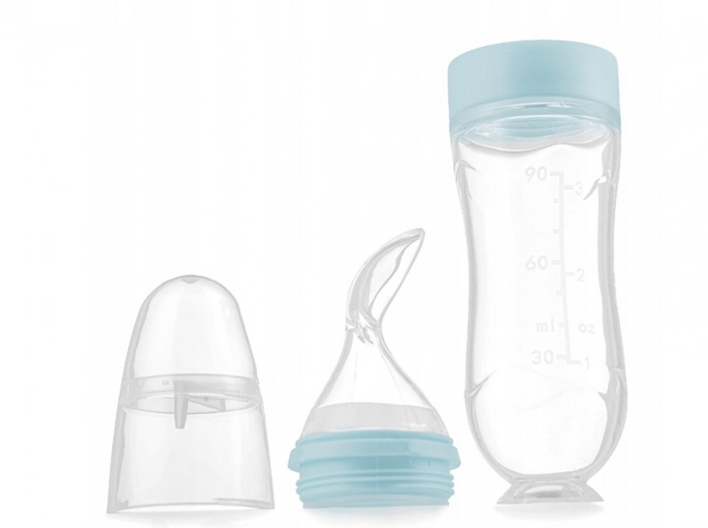 Kidnort Lingurita pentru copii din silicon cu rezervor gradat 90 ml si ventuza de prindere Retter Moln Blue