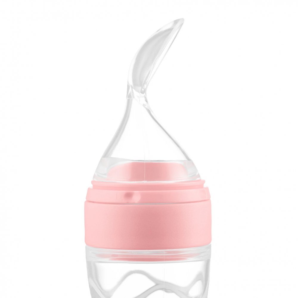 Kidnort Lingurita pentru copii din silicon cu rezervor gradat 90 ml si ventuza de prindere Retter Sommar Hjarta Pink