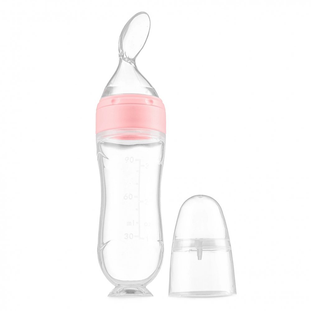 Kidnort Lingurita pentru copii din silicon cu rezervor gradat 90 ml si ventuza de prindere Retter Sommar Hjarta Pink