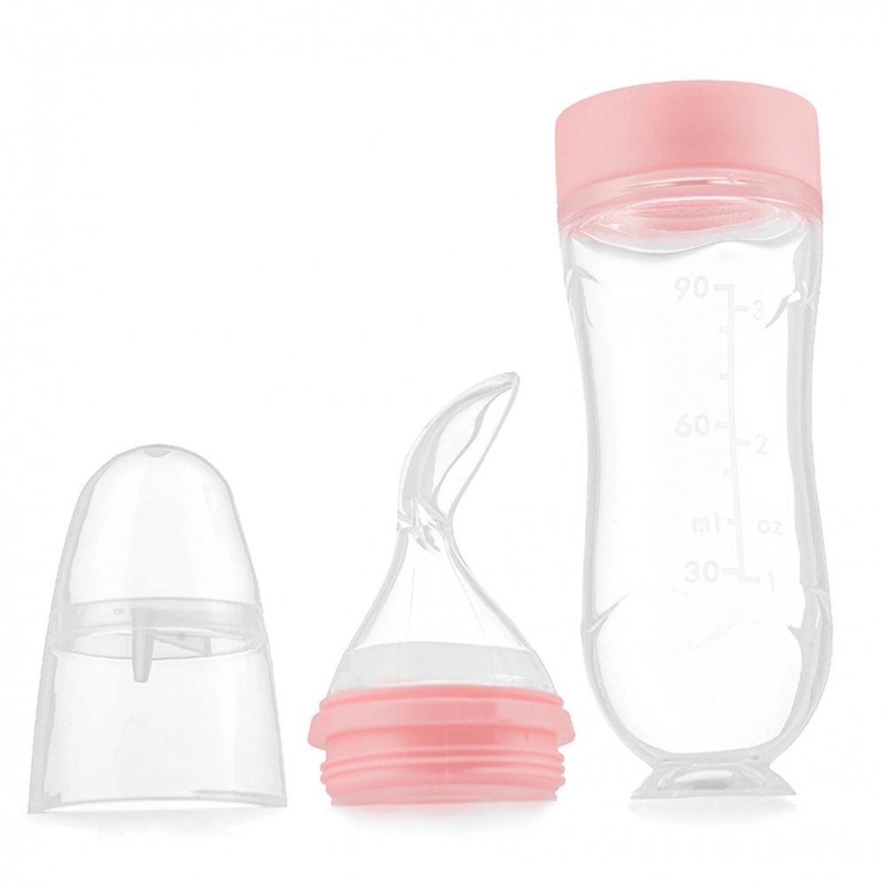 Kidnort Lingurita pentru copii din silicon cu rezervor gradat 90 ml si ventuza de prindere Retter Sommar Hjarta Pink