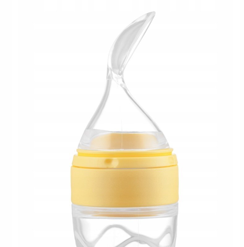 Kidnort Lingurita pentru copii din silicon cu rezervor gradat 90 ml si ventuza de prindere Retter Sommar Yellow
