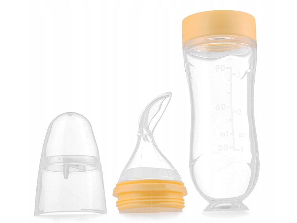 Kidnort Lingurita pentru copii din silicon cu rezervor gradat 90 ml si ventuza de prindere Retter Sommar Yellow