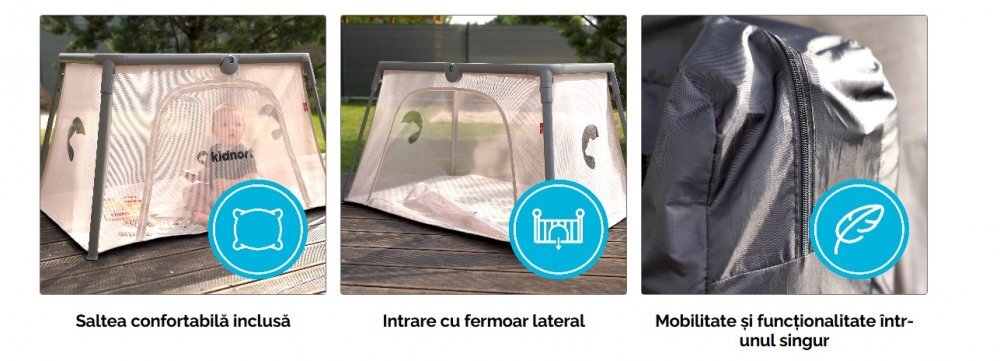 Kidnort Patut de calatorie 2 in 1 pentru copii Bleke Grey pliabil si portabil intrare laterala cu fermoar dimensiune 77 x 63.2 x 28 cm include geanta de transport