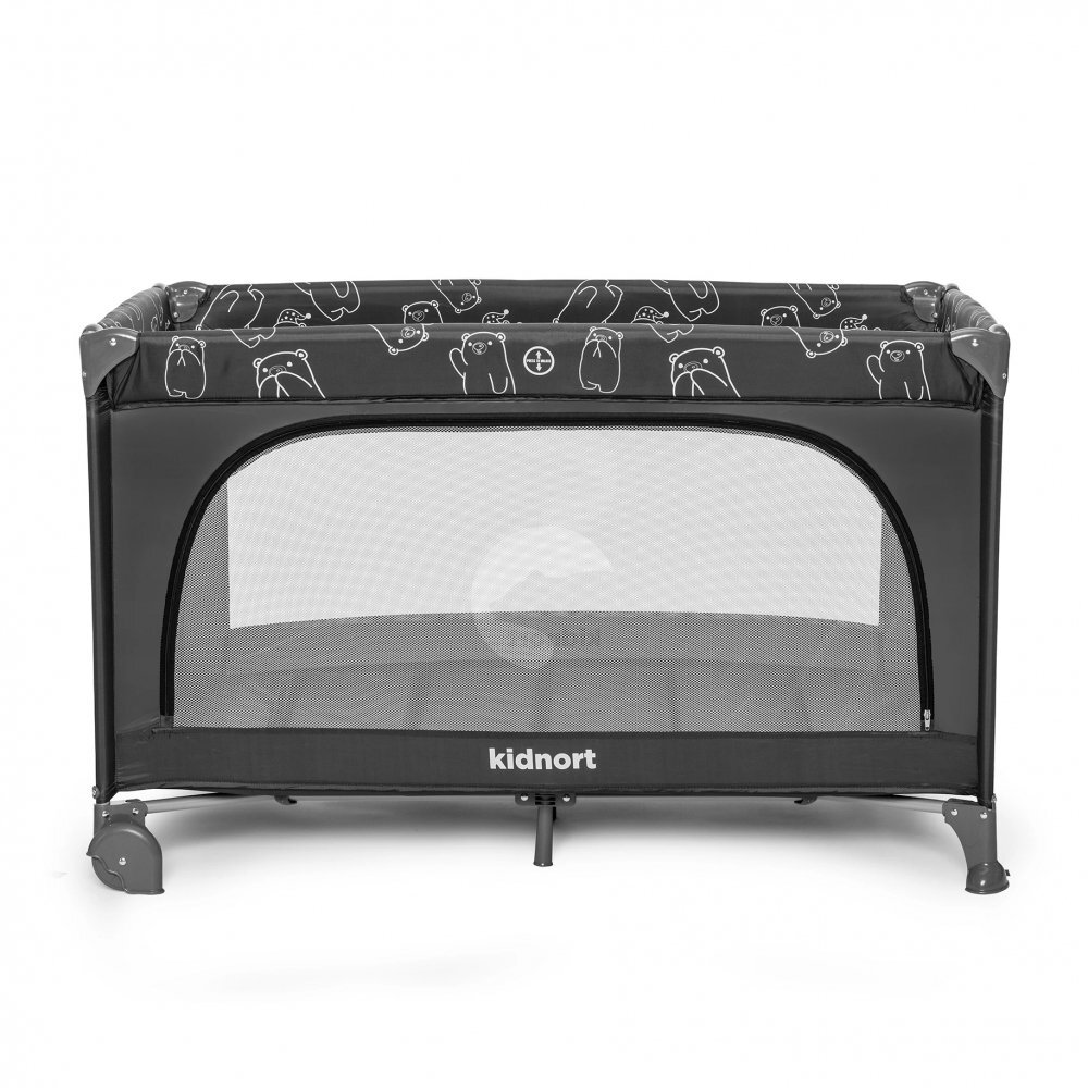 Kidnort Patut de calatorie cu saltea plasa de ventilatie roti usa cu fermoar si geanta de transport Grotta Dark Grey