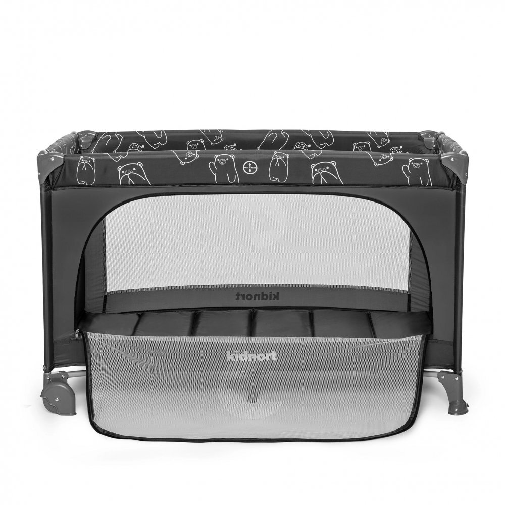 Kidnort Patut de calatorie cu saltea plasa de ventilatie roti usa cu fermoar si geanta de transport Grotta Dark Grey