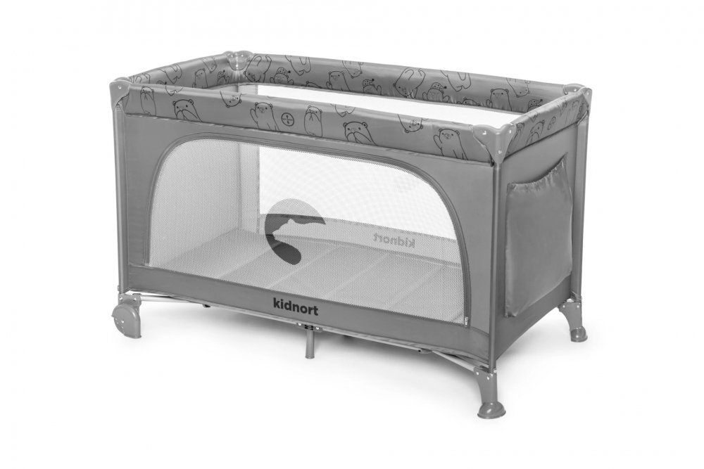 Kidnort Patut de calatorie cu saltea plasa de ventilatie roti usa cu fermoar si geanta de transport Grotta Light Grey