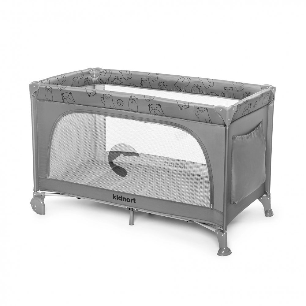 Kidnort Patut de calatorie cu saltea plasa de ventilatie roti usa cu fermoar si geanta de transport Grotta Light Grey