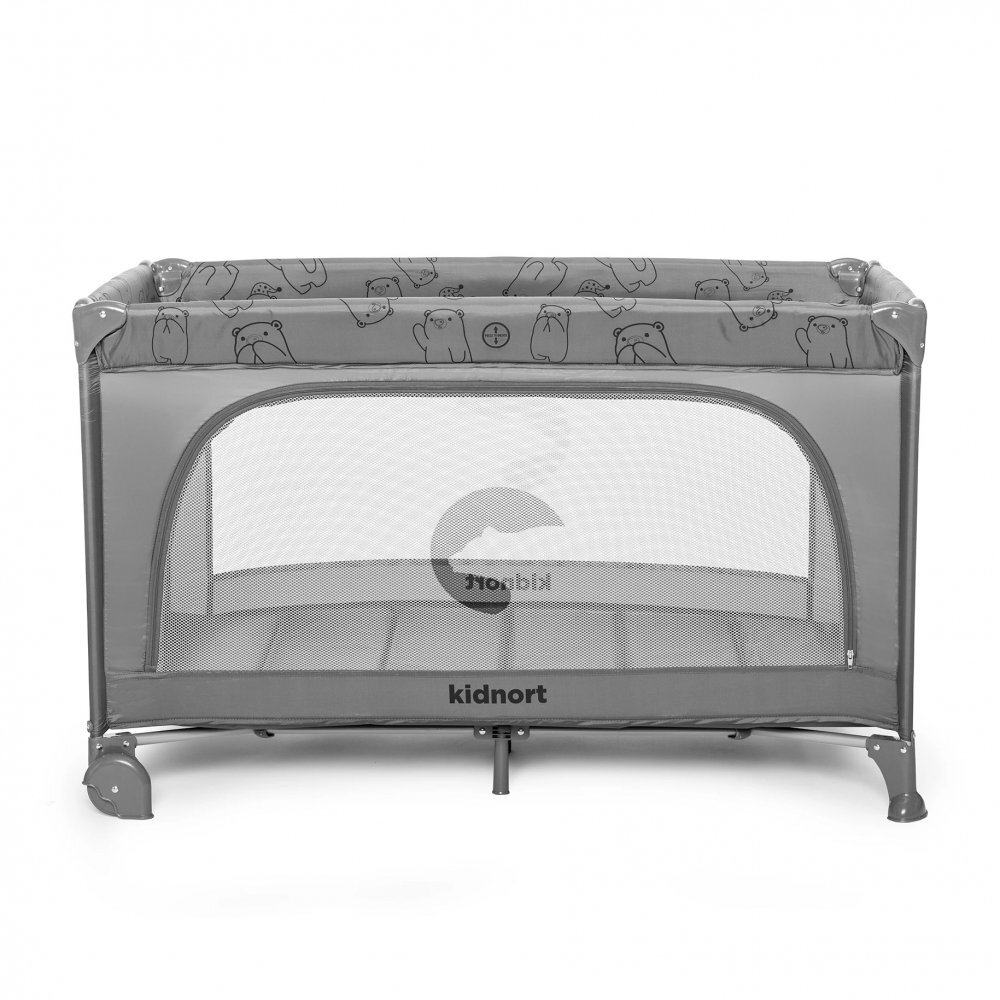 Kidnort Patut de calatorie cu saltea plasa de ventilatie roti usa cu fermoar si geanta de transport Grotta Light Grey