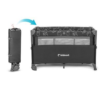 Kidnort Patut de calatorie multifunctional 3 in 1 Naste Dark Grey cu laterala culisanta si 2 niveluri de inaltime sistem atasare la patul parintilor cu saltea si geanta de transport dimensiune compacta Intrare laterala 9.3 kg