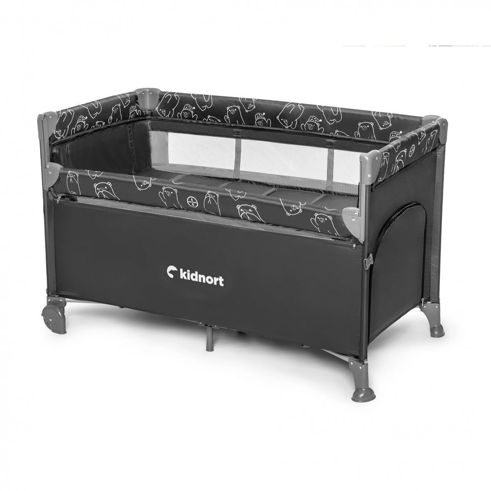 Kidnort Patut de calatorie multifunctional 3 in 1 Naste Dark Grey cu laterala culisanta si 2 niveluri de inaltime sistem atasare la patul parintilor cu saltea si geanta de transport dimensiune compacta Intrare laterala 9.3 kg