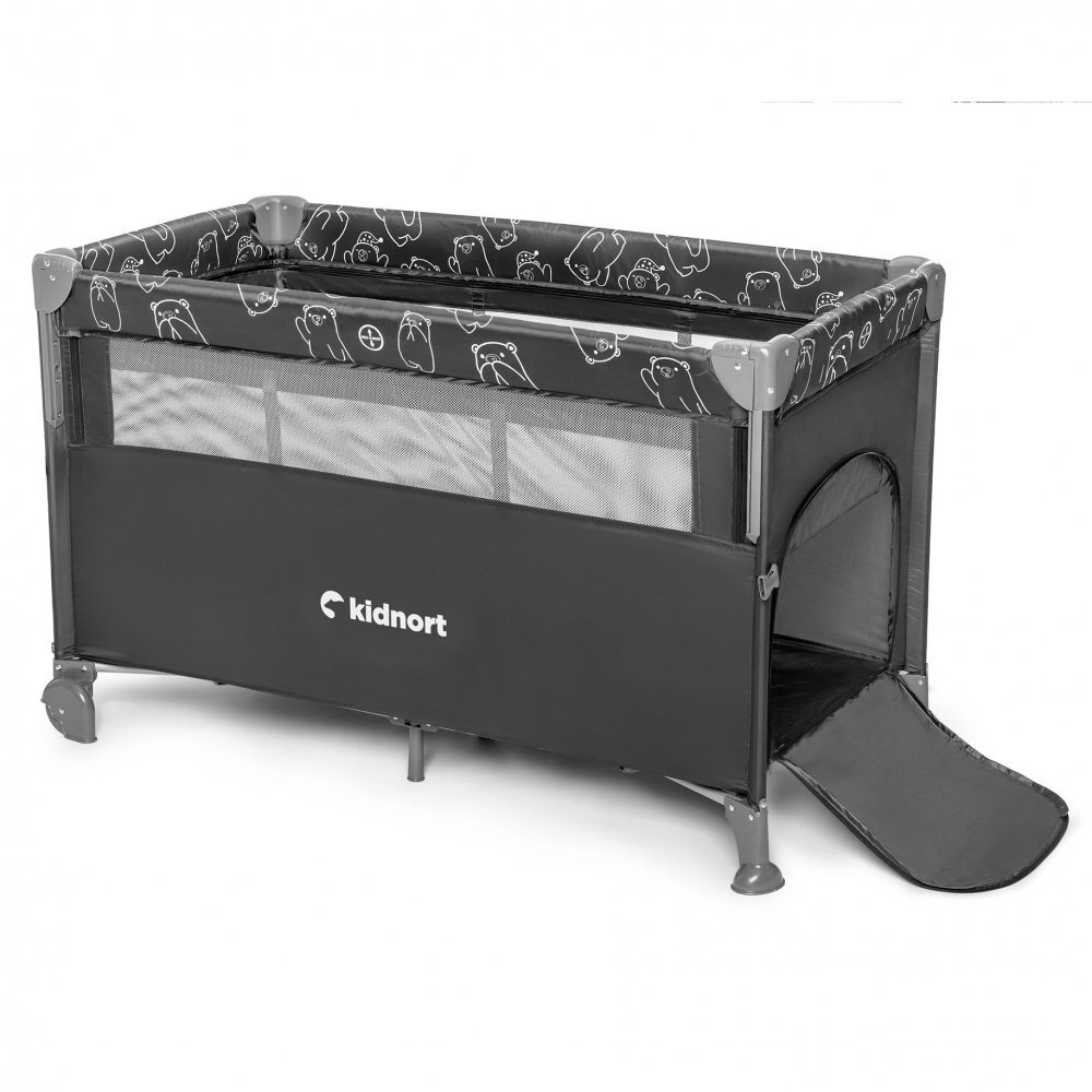 Kidnort Patut de calatorie multifunctional 3 in 1 Naste Dark Grey cu laterala culisanta si 2 niveluri de inaltime sistem atasare la patul parintilor cu saltea si geanta de transport dimensiune compacta Intrare laterala 9.3 kg