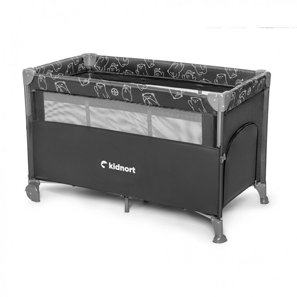 Kidnort Patut de calatorie multifunctional 3 in 1 Naste Dark Grey cu laterala culisanta si 2 niveluri de inaltime sistem atasare la patul parintilor cu saltea si geanta de transport dimensiune compacta Intrare laterala 9.3 kg