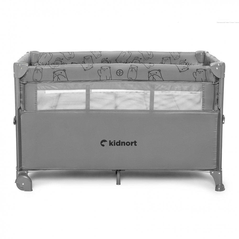 Kidnort Patut de calatorie multifunctional 3 in 1 Naste Light Grey cu laterala culisanta si 2 niveluri de inaltime sistem atasare la patul parintilor cu saltea si geanta de transport dimensiune compacta Intrare laterala 9.3 kg