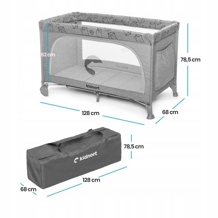 Kidnort Patut de calatorie pentru copii Ihalig Light Gray cu geanta de transport salteluta usa cu fermoar si roti cu posibilitatea de blocare dimensiune desfacut 128 x 68 x 78.5 cm