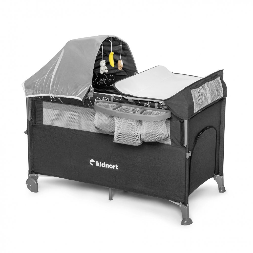 Kidnort Patut de calatorie pentru copii pliabil multifunctional 3 in 1 din material Oxford 300 cu geantuta de depozitare laterala culisanta roti cu frana accesorizat Stugan Dark Grey
